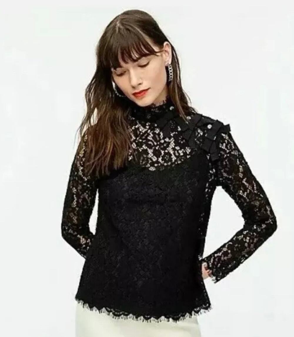 J.Crew NWOT Women’s Black Lace Mockneck Ribbon Bow Long Sleeve Top size 4